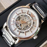 Emporio Armani Meccanico Skeleton Silver Dial Silver Steel Strap Watch For Men - AR1980