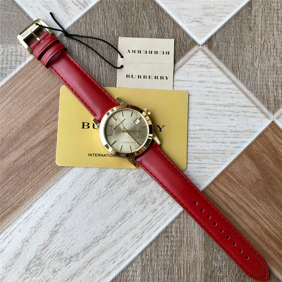 Burberry The City Gold Dial Red Leather Strap Watch for Women display picture 1