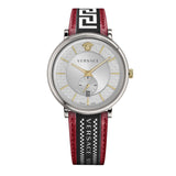 Versace V Circle Silver Dial Two Tone Leather Strap Watch for Men - VEBQ01319