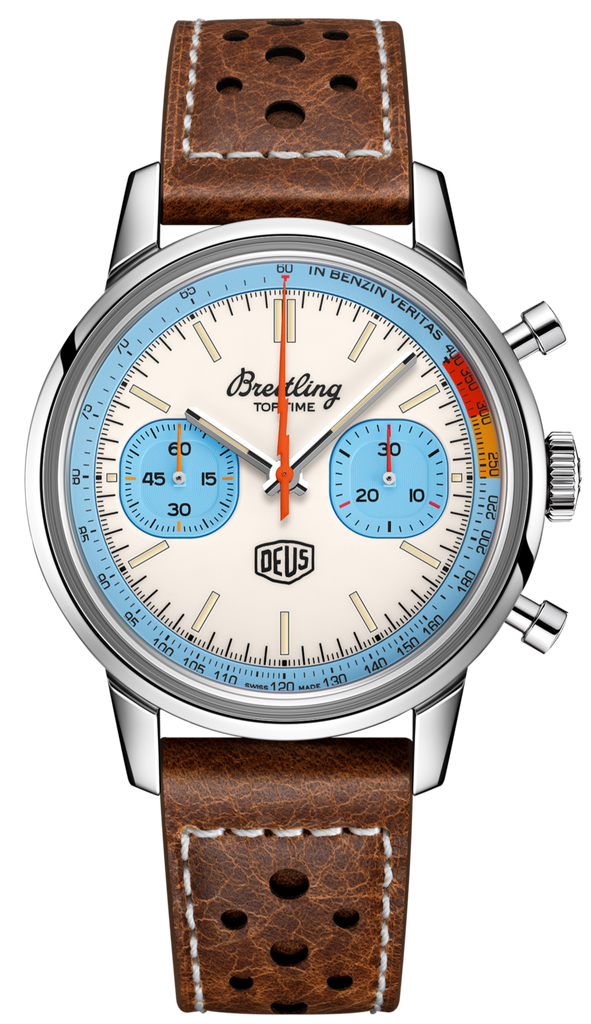 Breitling Top Time Deus Limited Edition White Dial Brown Leather Strap Watch for Men