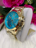 Michael Kors Bradshaw Chronograph Blue Dial Gold Steel Strap Watch For Women - MK5975