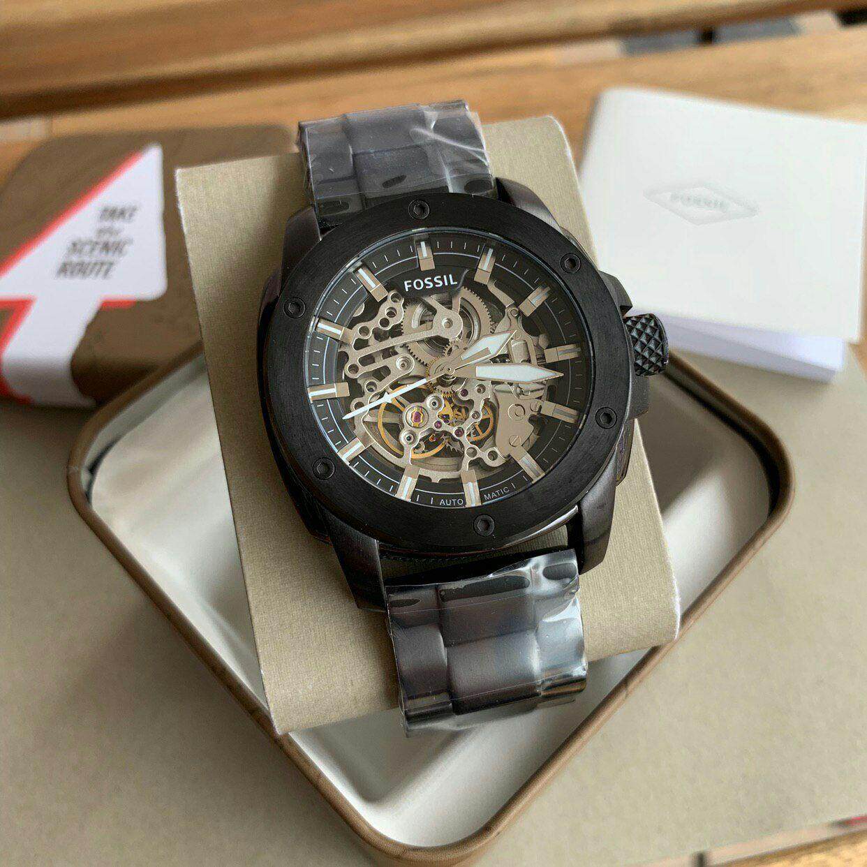 Fossil Modern Machine Automatic Silver Dial Black Steel Strap Watch fo