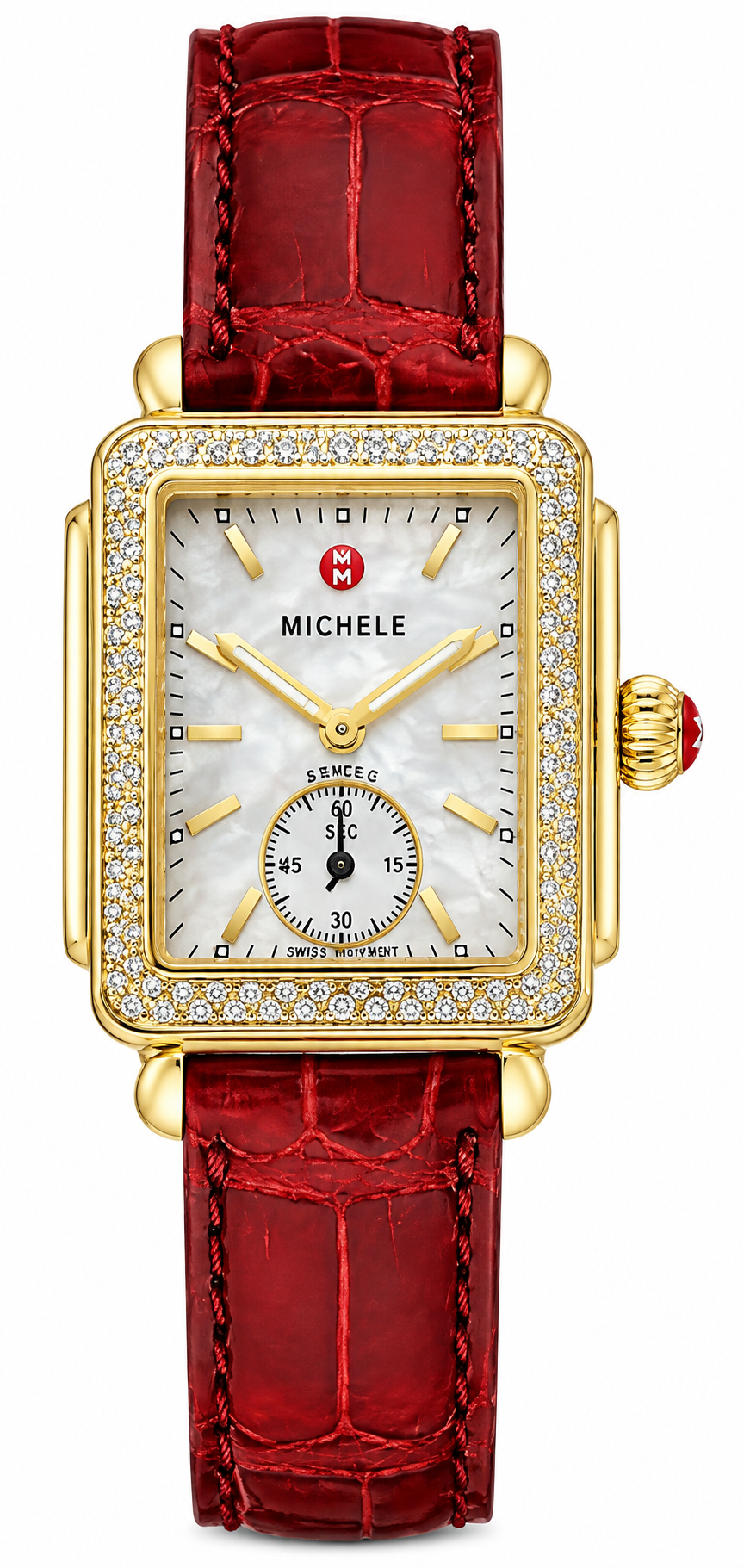 Michele Deco Mother of Pearl Dial Red Leather Strap Watch For Women - MWW06V000017