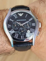 Emporio Armani Valente Chronograph Black Dial Black Leather Strap Watch For Men - AR1633