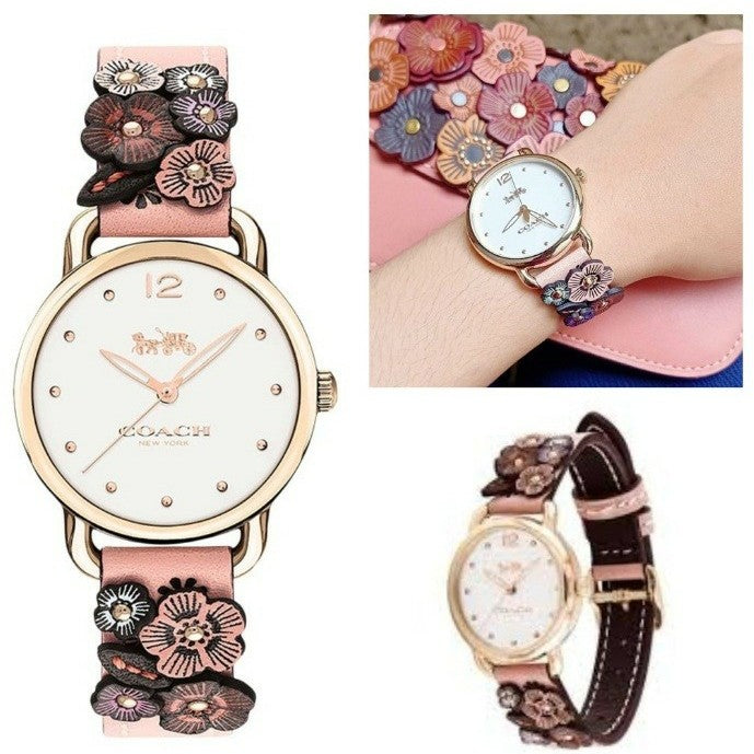 Coach Delancey White Dial Floral Pink Leather Strap Watch for Women - 14502817