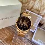 Michael Kors Runway Quartz Black Dial Gold Steel Strap Watch For Women - MK6682