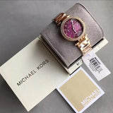 Michael Kors Mini Parker Multi-Function Plum Mother of Pearl Dial Rose Gold Steel Strap Watch For Women - MK6403