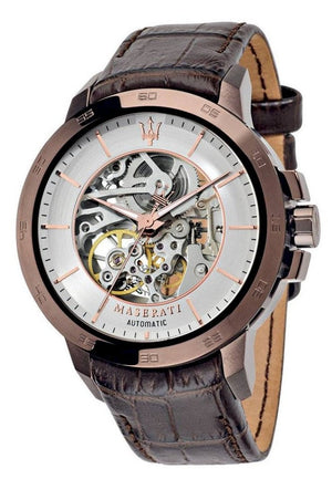 Maserati Ingegno Automatic Skeleton White Dial Brown Leather Strap Watch For Men - R8821119003