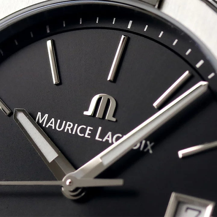 Lacroix Watch Men Dial Maurice Black Silver Quartz Steel for Aikon Date Strap
