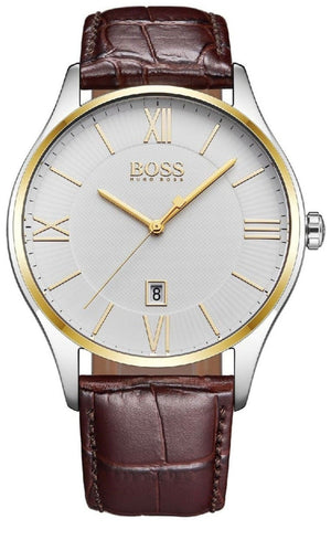 Hugo Boss Classic White Dial Brown Leather Strap Watch for Men - 1513486