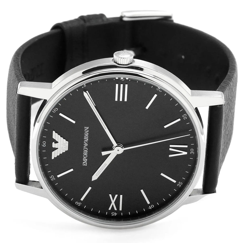 Emporio Armani Kappa Analog Quartz Black Dial Black Leather Strap Watch For Men