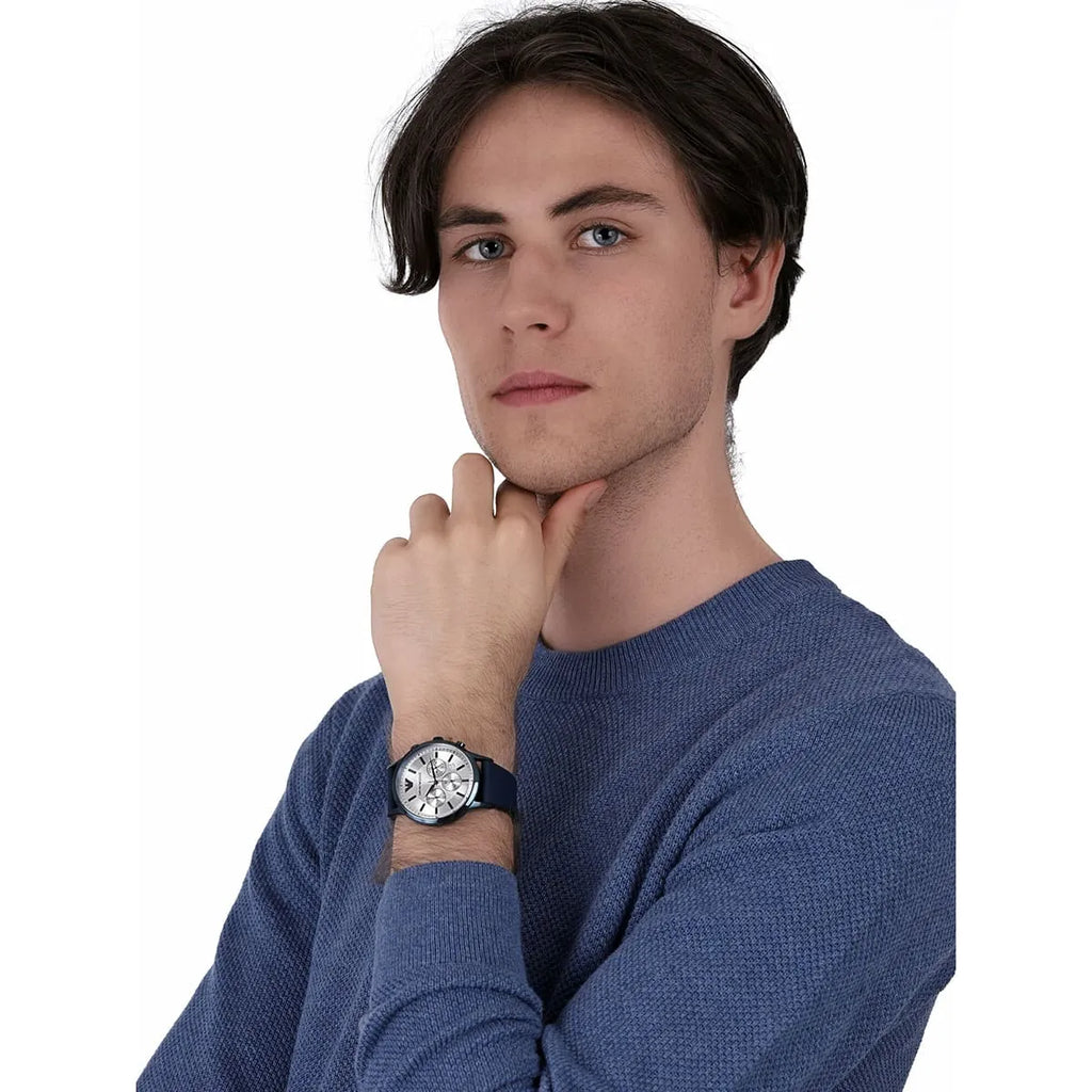 Emporio Armani Renato Chronograph Silver Dial Blue Silicone Strap Watch For Men