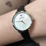 Emporio Armani Modern White Dial Black Leather Strap Watch For Women - AR11159