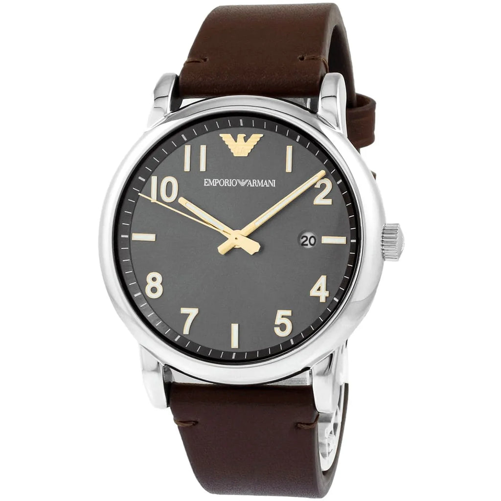 Emporio Armani Luigi Quartz Grey Dial Brown Leather Strap Watch For Men