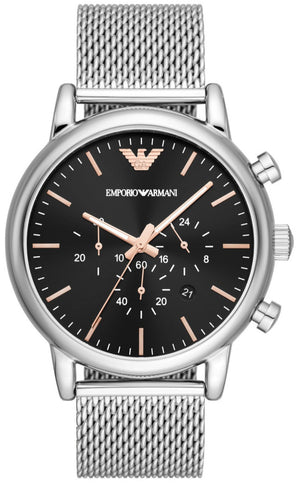 Emporio Armani Luigi Chronograph Quartz Black Dial Silver Mesh Bracelet Watch For Men - AR11429