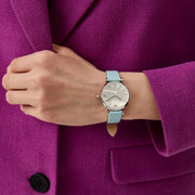 Emporio Armani Gianni T Bar Analog Crystals Silver Dial Blue Leather Strap Watch For Women - AR11443