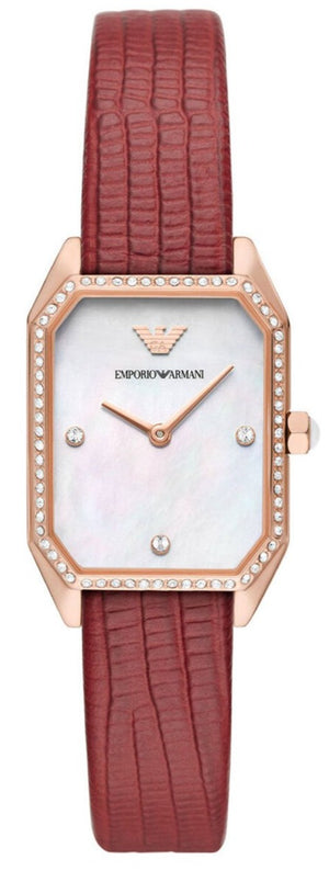 Emporio Armani Gianni T Bar Two-Hand Mother of Pearl Dial Red Leather Strap Watch For Women - AR11467