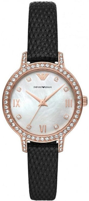Emporio Armani Cleo Three-Hand Mother of Pearl Dial Black Leather Strap Watch For Women - AR11485
