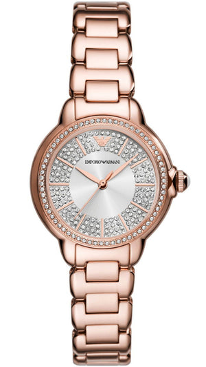 Emporio Armani Mia Three Hand Crystals Silver Dial Rose Gold Steel Strap Watch For Women - AR11633