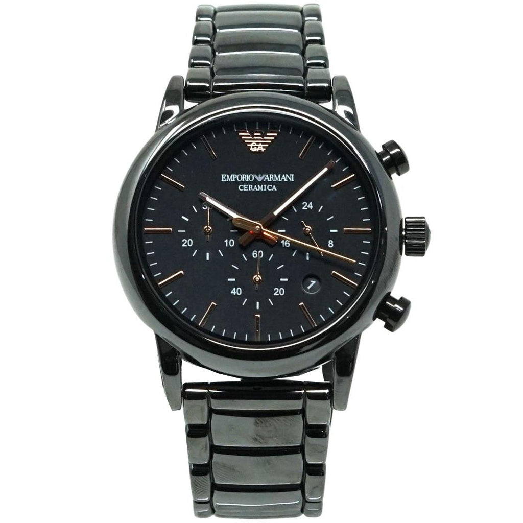 【ミラノ購入】EMPORIO ARMANI ラムレザー2010 アーカイブ Emporio Armani Luigi Ceramic Chronograph Black Dial Black Strap