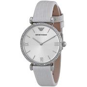 Emporio Armani Gianni T-Bar Silver Dial White Leather Strap Watch for Women - AR1680