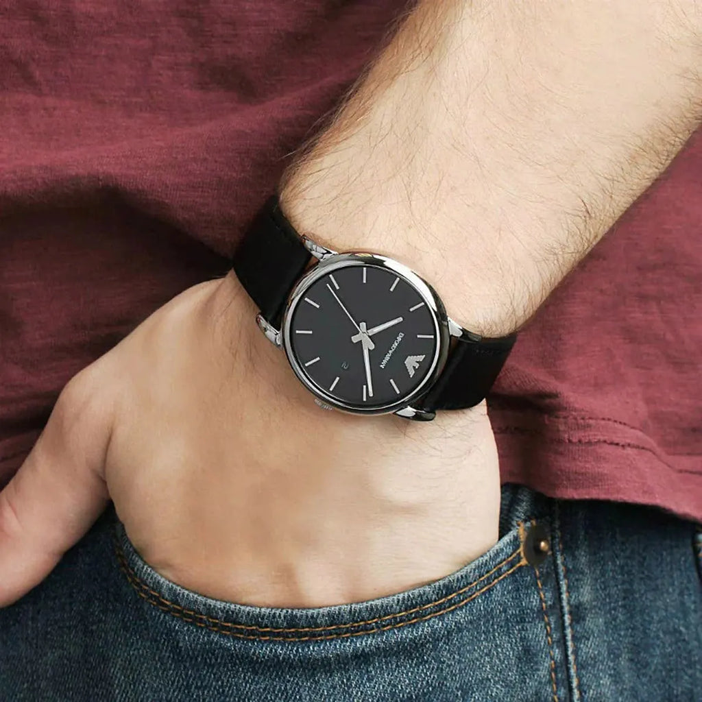 Black dial leather strap watch sale