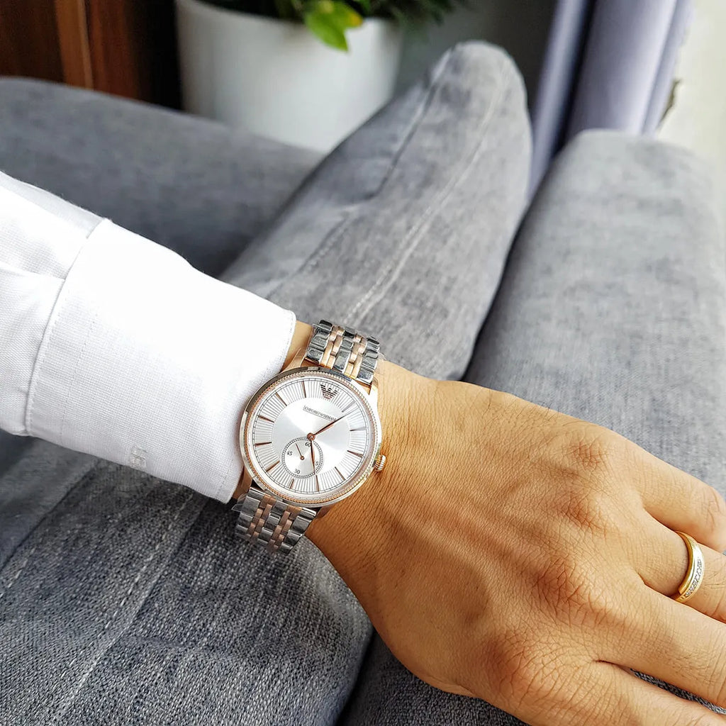 Emporio Armani Classic Silver Dial Two Tone Steel Strap Watch For Men