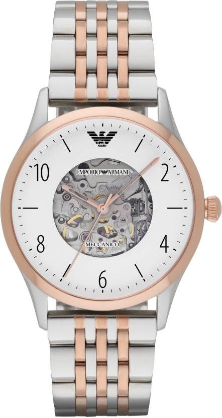 Emporio Armani Meccanico White Dial Two Tone Steel Strap Watch For Men