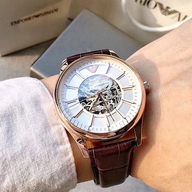 Emporio Armani Epoca White Skeletal Dial Black Leather Strap Watch