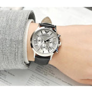 Emporio Armani Renato Chronograph Silver Dial Black Leather Strap Watch for Men - AR2436