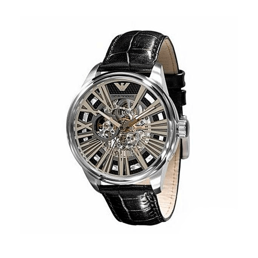 エンポリオアルマーニAR4629 Emporio Armani Meccanico Automatic Black Dial Leather Strap Watch