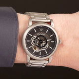 Emporio Armani Meccanico Automatic Skeleton Black Dial Silver Steel Strap Watch For Men - AR60021