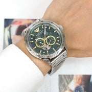 Emporio Armani Meccanico Automatic Green Dial Silver Steel Strap Watch For Men - AR60053