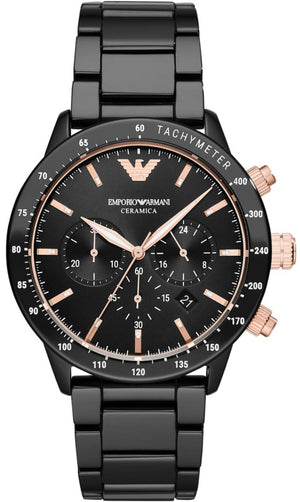 Emporio Armani Mario Ceramic Chronograph Black Dial Black Steel Strap Watch For Men - AR70002