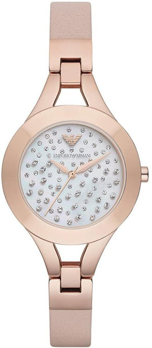 Emporio Armani Chiara Quartz Crystals White Dial Rose Gold Leather Strap Watch For Women - AR7437