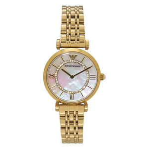 Emporio Armani Gianni T Bar Mother of Pearl White Dial Gold Steel Strap Watch For Women - AR190700