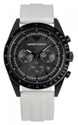 Emporio Armani Sportivo Chronograph Black Dial White Rubber Strap Watch For Men - AR6112