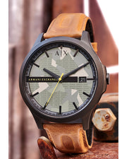Armani Exchange Hampton Chronograph Green Dial Brown Leather Strap Watch For Men - AX2412