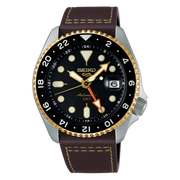 Seiko 5 Sports SKX GMT Automatic Mocha Black Dial Brown Leather Strap Watch For Men - SSK036K1