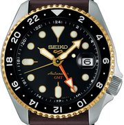 Seiko 5 Sports SKX GMT Automatic Mocha Black Dial Brown Leather Strap Watch For Men - SSK036K1