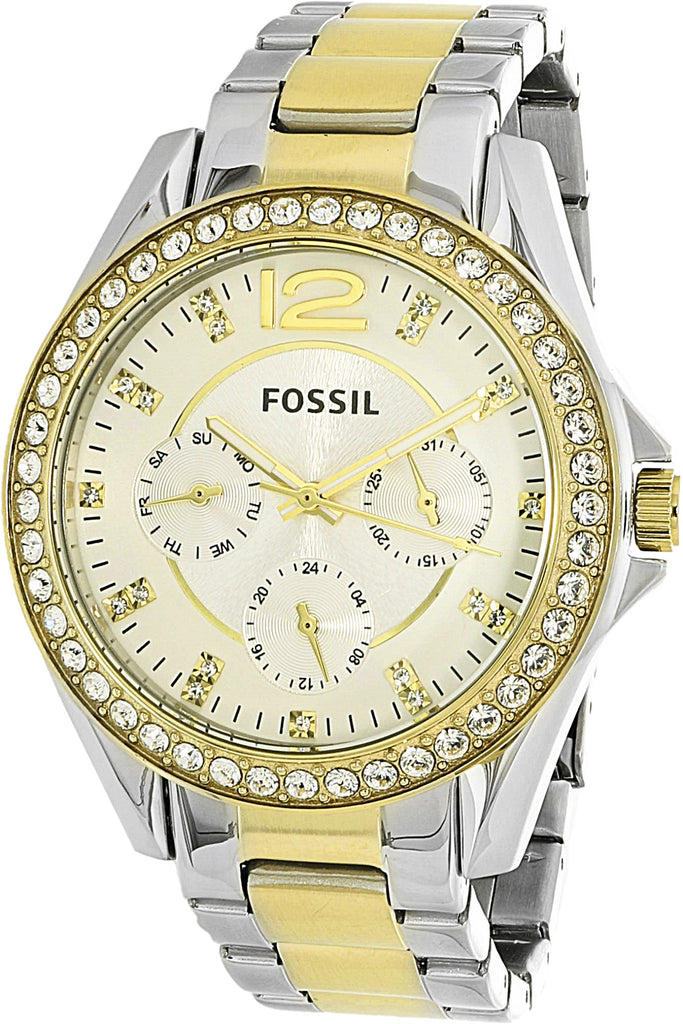 Fossil Riley White Two Dial Strap Steel Tone Women Watch for