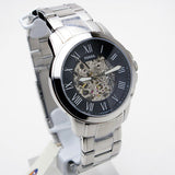 Fossil Grant Automatic Skeleton Black Dial Silver Steel Strap Watch for Men - ME3103