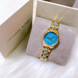 Michael Kors Petite Runway Mercer Blue Dial Gold Steel Strap Watch For Women - MK6673