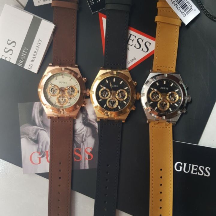 Men Analog Leather Multifunction Watch Guess for White Dial Brown Strap
