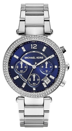 Michael Kors Parker Chronograph Navy Blue Dial Silver Steel Strap Watch for Women - MK6117