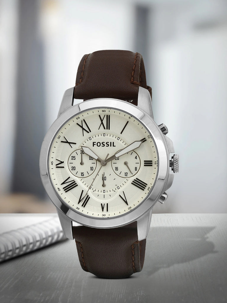 Fossil Grant Reloj cronógrafo con esfera blanca y correa de cuero