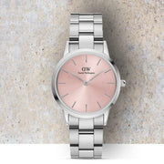Daniel Wellington Iconic Link Pink Dial Silver Steel Strap Watch For Women - DW00100327