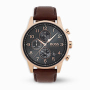 Hugo Boss Navigator Chronograph Grey Dial Brown Leather Strap Watch for Men - 1513496
