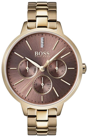 Hugo Boss Symphony Brown Dial Gold Steel Strap Watch for Women - 1502422