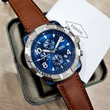 Fossil Bronson Chronograph Luggage Blue Dial Brown Leather Strap Watch for Men - FS5829